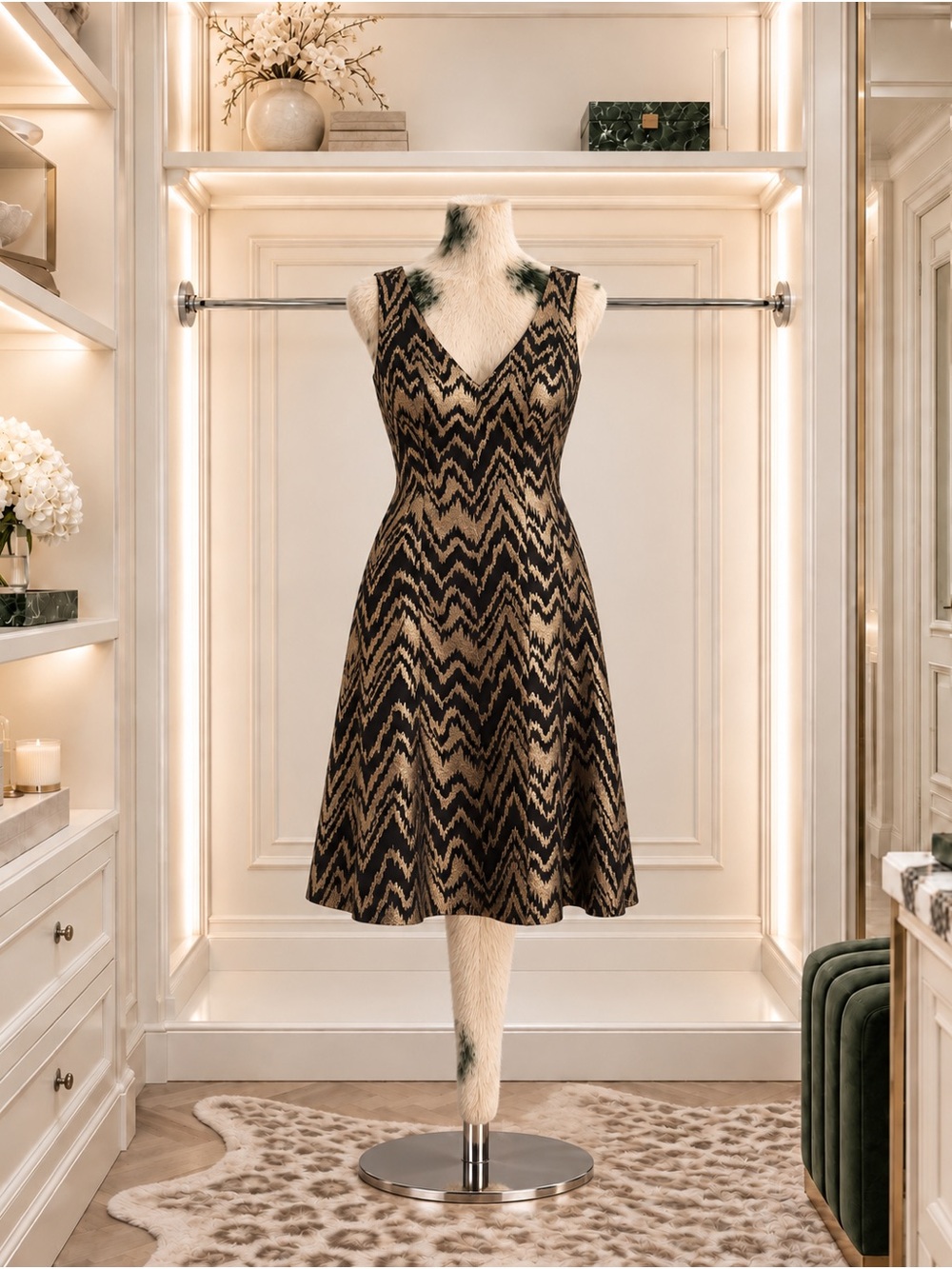 Vince Camuto Black & Gold Metallic Dress, Size 8